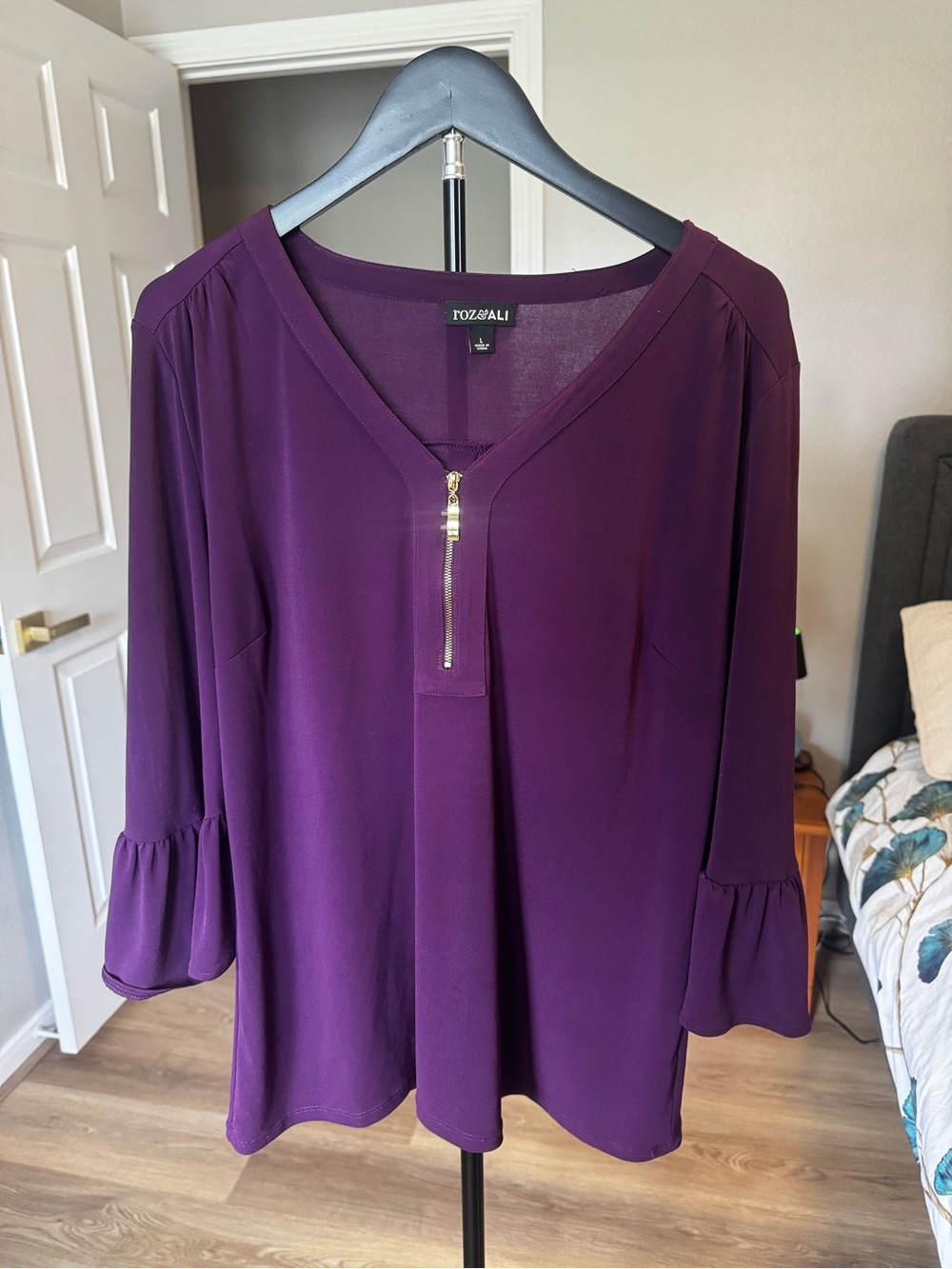 Roz & Ali Deep Purple V-Neck Zip-Front Blouse with Ruffled 3/4 Sleeves